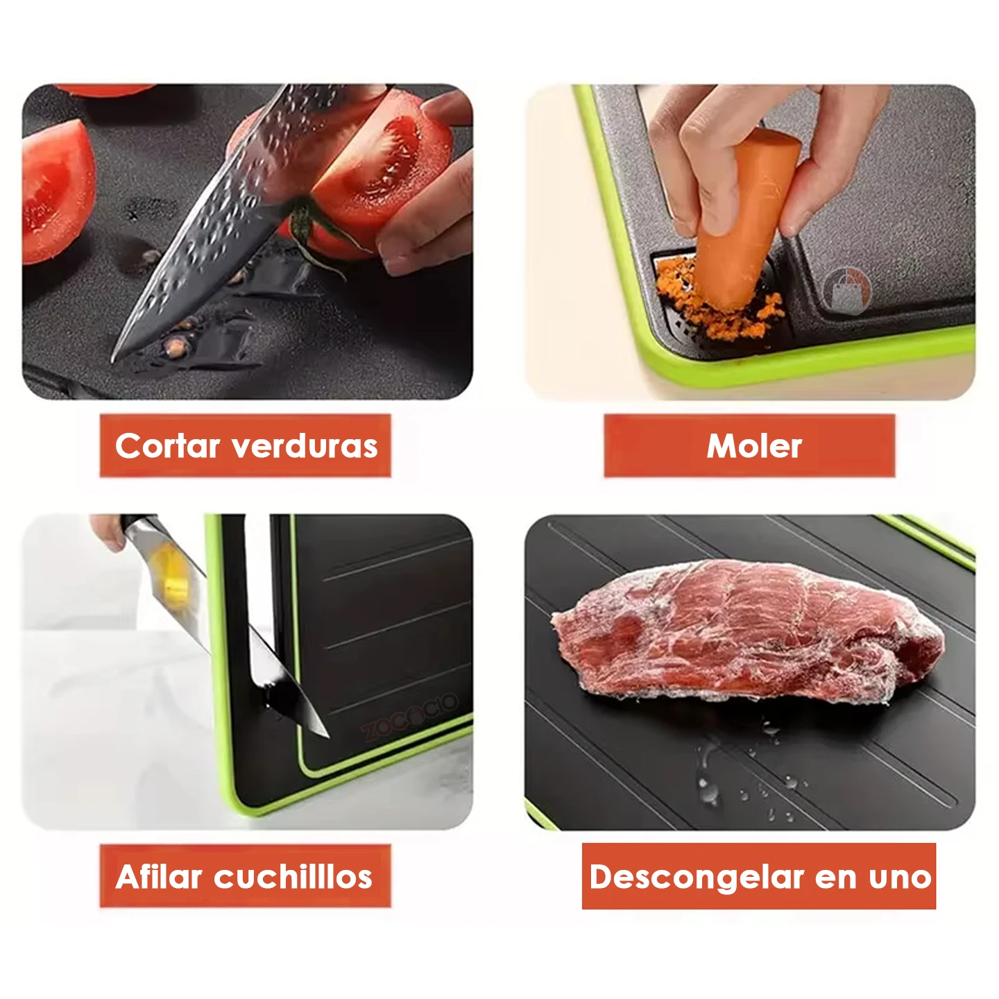 Tabla de corte negra con borde verde lima, mostrando funciones: cortar tomate, rallar zanahoria, afilar cuchillo y descongelar carne.