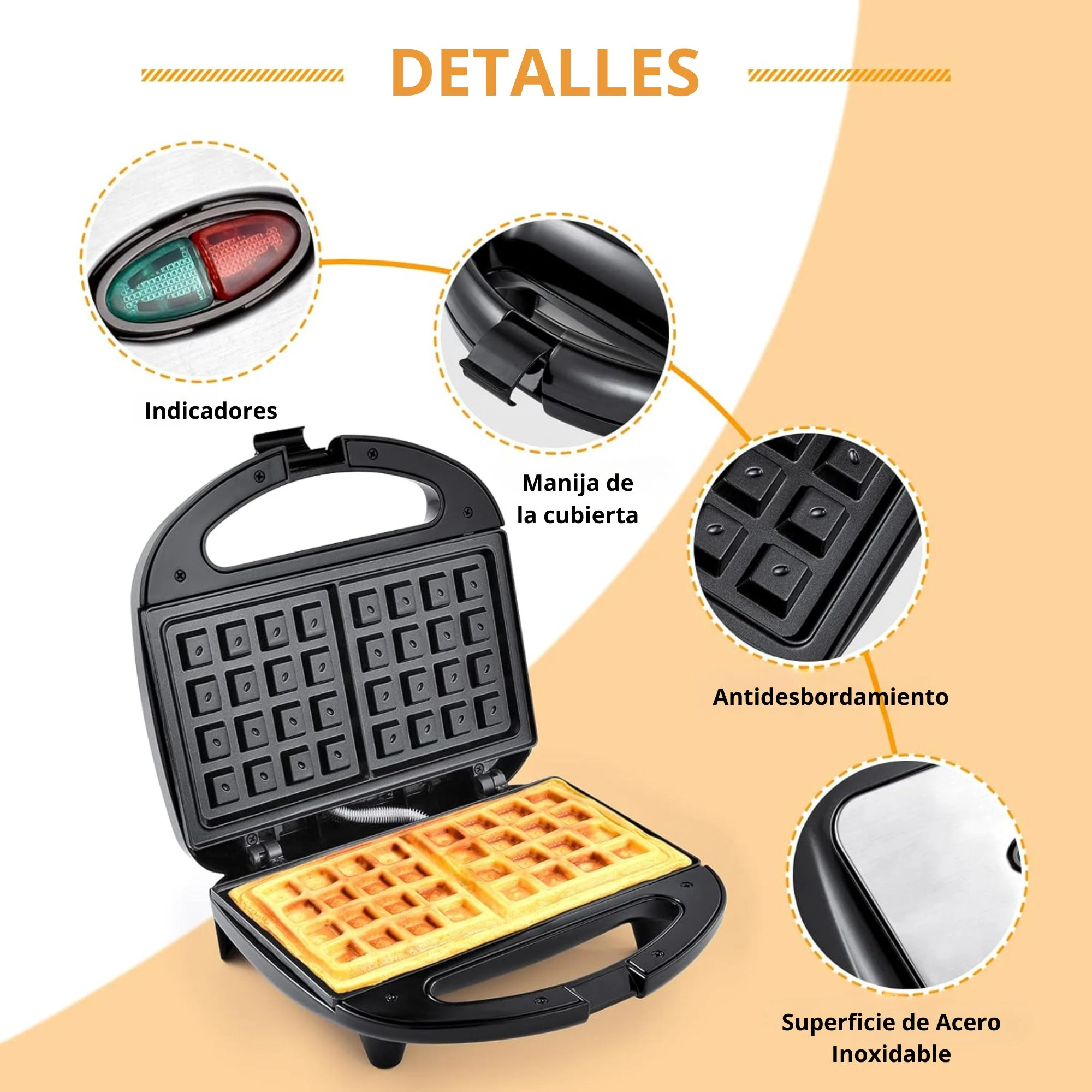 Sandwichera waflera negra con tapa abierta mostrando waffles dorados; incluye indicadores de luz, manija de la cubierta, superficie antidesbordamiento y base de acero inoxidable.