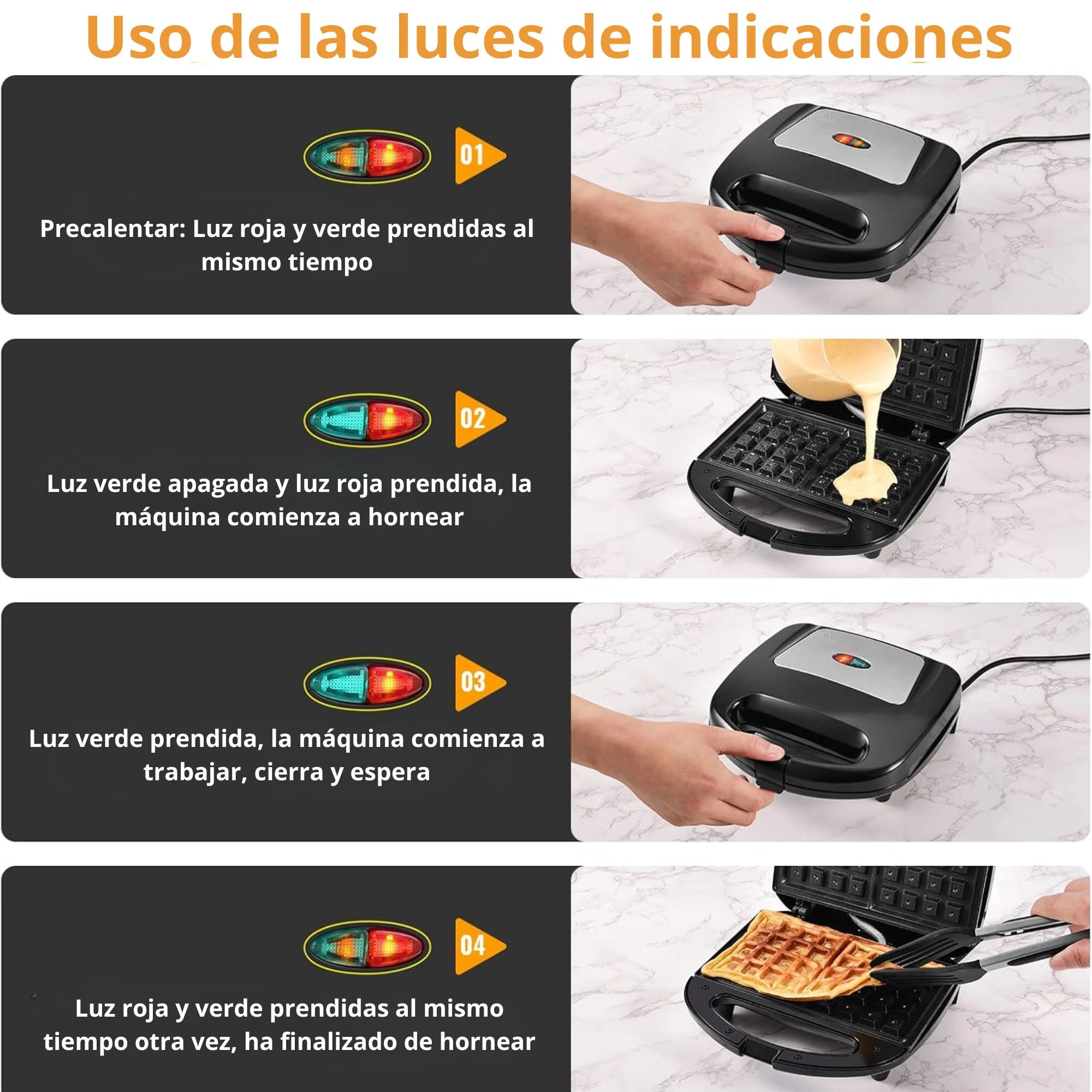 Sandwichera waflera negra con luces de indicación roja y verde, mostrando cuatro etapas de uso: precalentamiento, horneado, cierre y finalización del proceso.