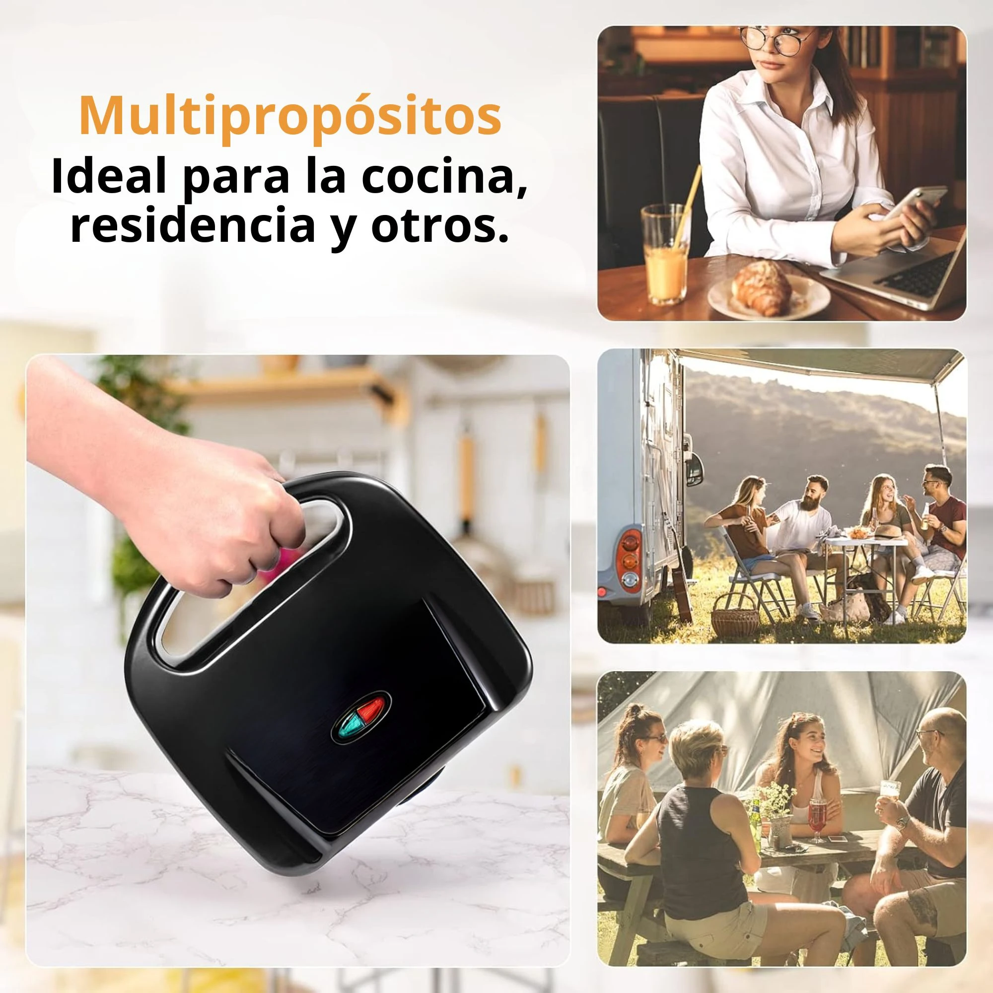 Sandwichera negra con asa ergonómica y botón de encendido rojo, sobre superficie blanca. Incluye waffles y sándwiches en cocina, camping y hogar.