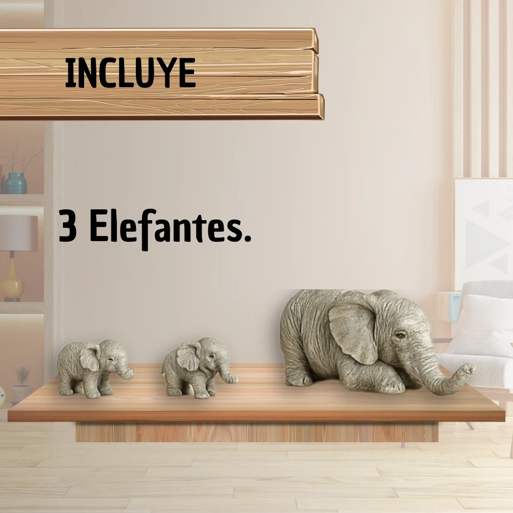 Escultura de resina con tres elefantes en equilibrio vertical, mostrando dos pequeños y uno grande sobre superficie de madera clara.