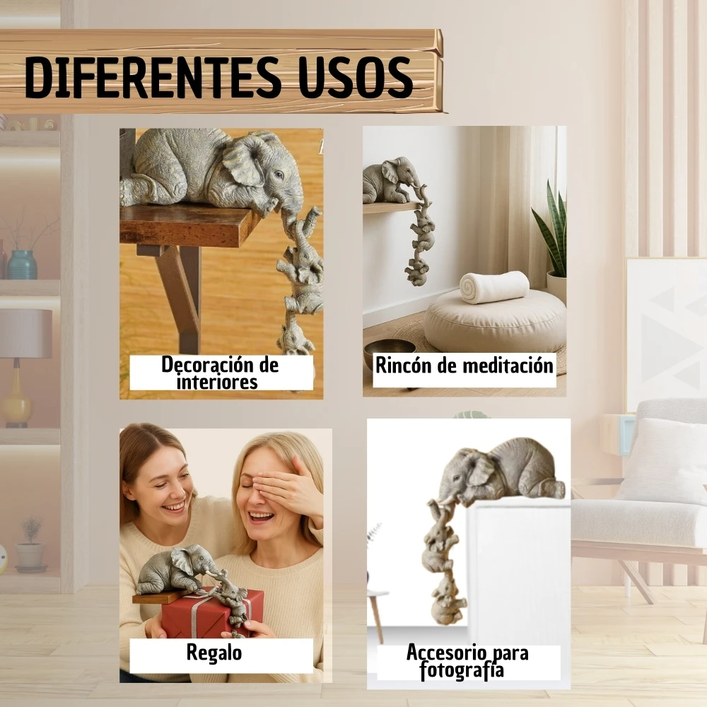 Escultura de resina gris con tres elefantes en equilibrio vertical, mostrando usos como decoración de interiores, rincón de meditación, regalo y accesorio para fotografía.