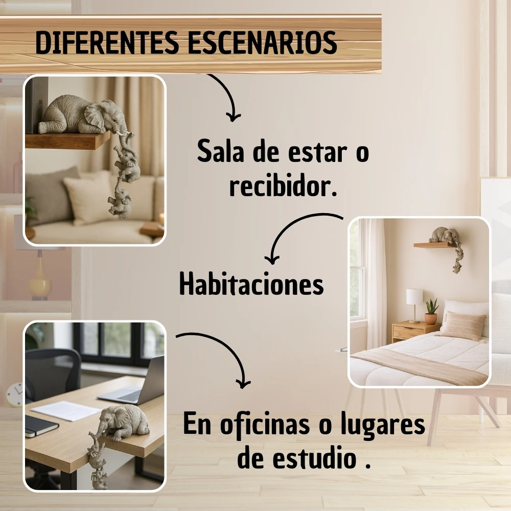 Escultura de resina con tres elefantes en equilibrio vertical, mostrada en sala de estar, habitación y oficina. Color gris claro, acabado mate, diseño minimalista.