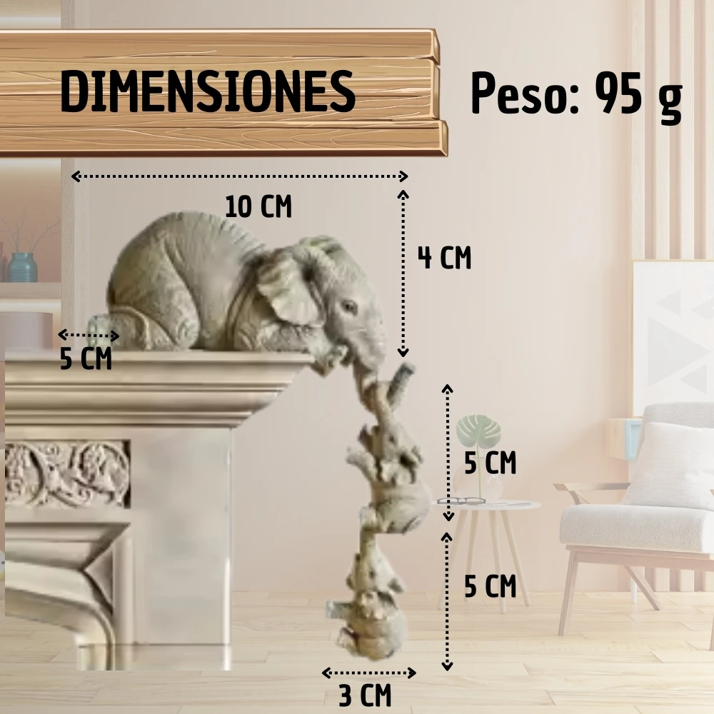 Escultura de resina con tres elefantes en equilibrio vertical, color gris piedra, medidas 10x4x5 cm, peso 95 g, sobre estante decorativo.
