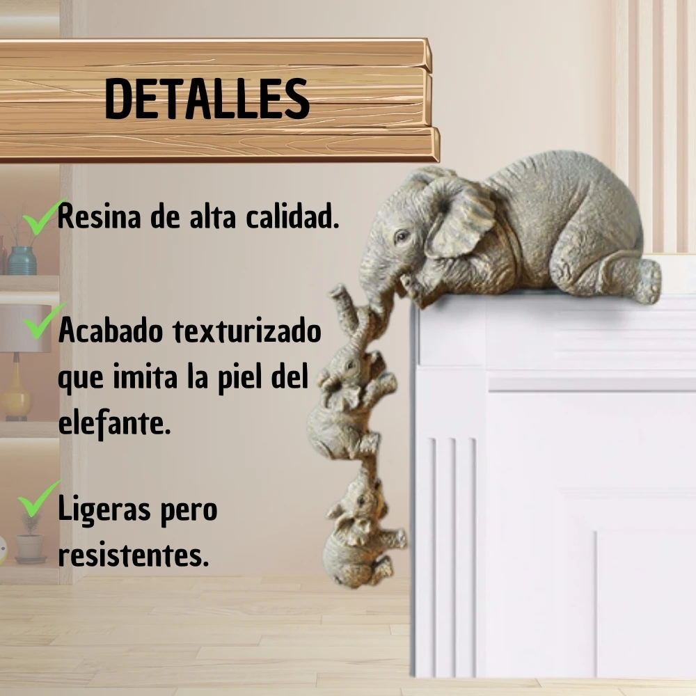 Escultura de resina con tres elefantes en equilibrio vertical, acabado texturizado que imita la piel del animal, colocada sobre estante blanco en interior.