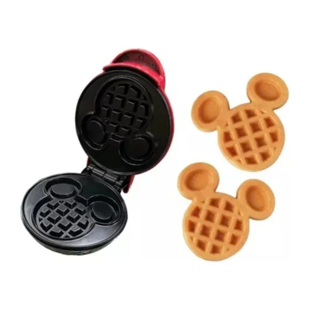 Waflera antiadherente en forma de Mickey Mouse, abierta mostrando moldes negros y dos waffles dorados listos para servir.