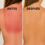 Espalda con quemadura solar roja comparada con piel bronceada, antes y después, gel aloe vera.