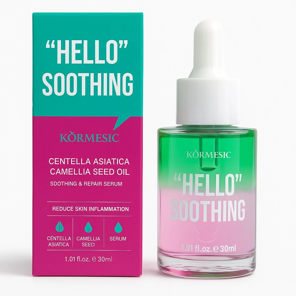 Serum "Hello" Soothing Kormesic en envase de vidrio degradado verde a rosa, 30ml. Caja a juego.