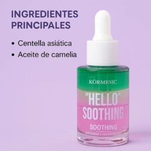 Sérum Kormesic "Hello" Soothing verde y rosa con gota, ingredientes Centella Asiática y Aceite de Camelia.