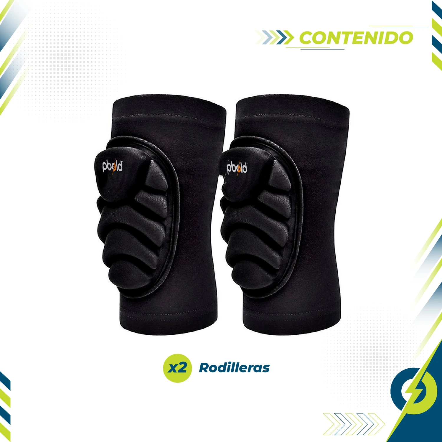 Rodilleras negras acolchadas Pbold para deportistas, con logo naranja, en par.