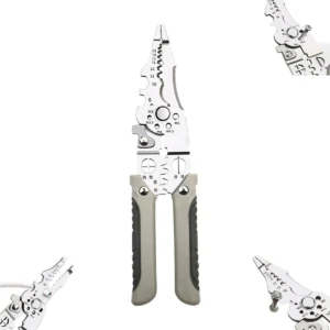 Pinza multifuncional de acero aleación con mango antideslizante gris y negro, diseñada para pelar cables y realizar cortes precisos en trabajos de cableado.