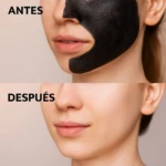 Antes y después: rostro con mascarilla negra purificante de carbón, mostrando piel limpia y suave.