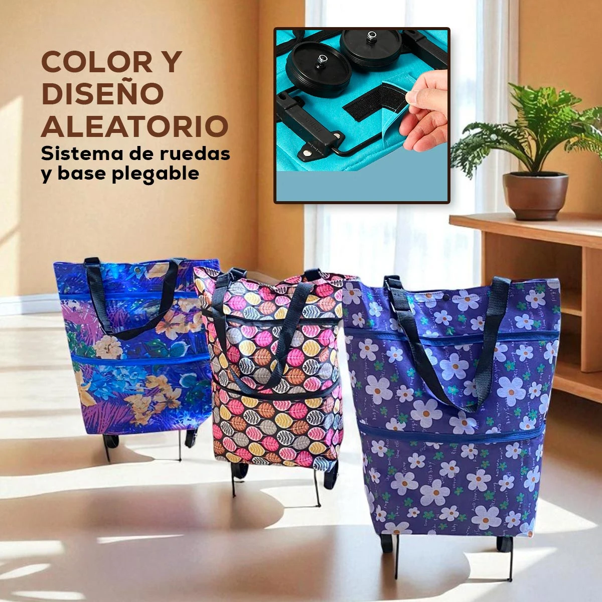 Tres bolsas de compras con ruedas en colores azul, rosa y morado floral, con asas negras y base plegable.