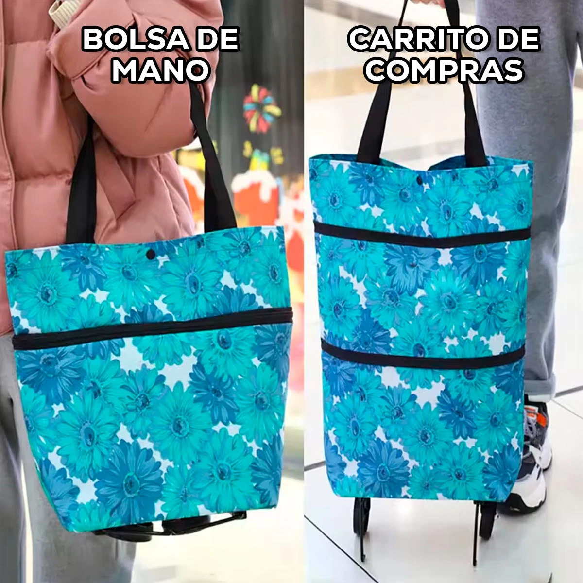 Bolso de compras plegable con ruedas, diseño floral en tonos turquesa y negro, mostrado en uso como bolsa de mano y carrito de compras.