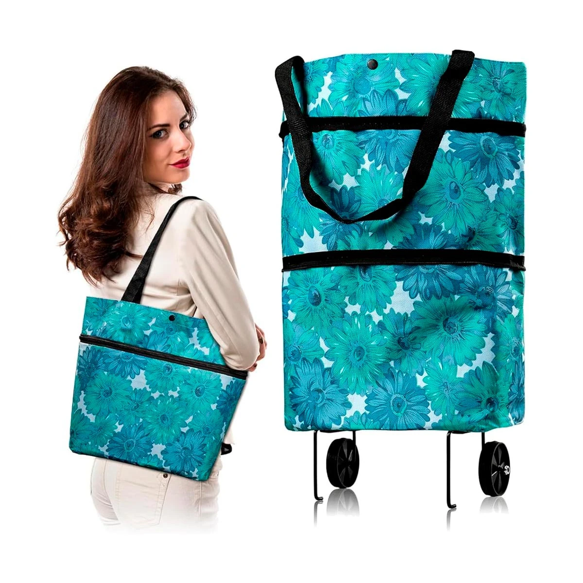 Bolso ecológico plegable con ruedas, diseño floral en tonos turquesa y negro, ideal para transporte de compras pesadas.