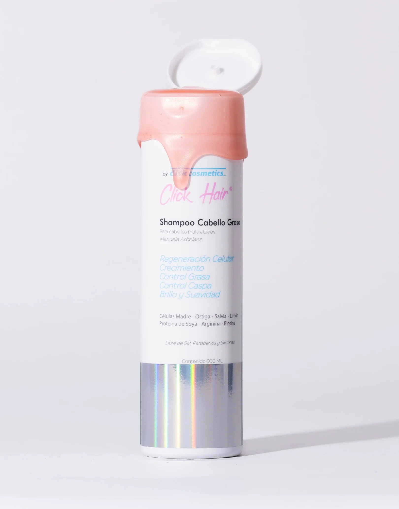 Shampoo Click Hair Cabello Graso 300ml, tapa rosa con goteo, para control de grasa y crecimiento.
