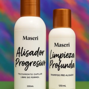 Kit de alisado progresivo Maseri con tratamiento capilar y shampoo pre-alisado, envases blancos con tapas doradas sobre fondo colorido.