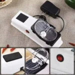 Afilador de cuchillos eléctrico blanco con cargador USB, interruptor rojo y tapa transparente para proteger.