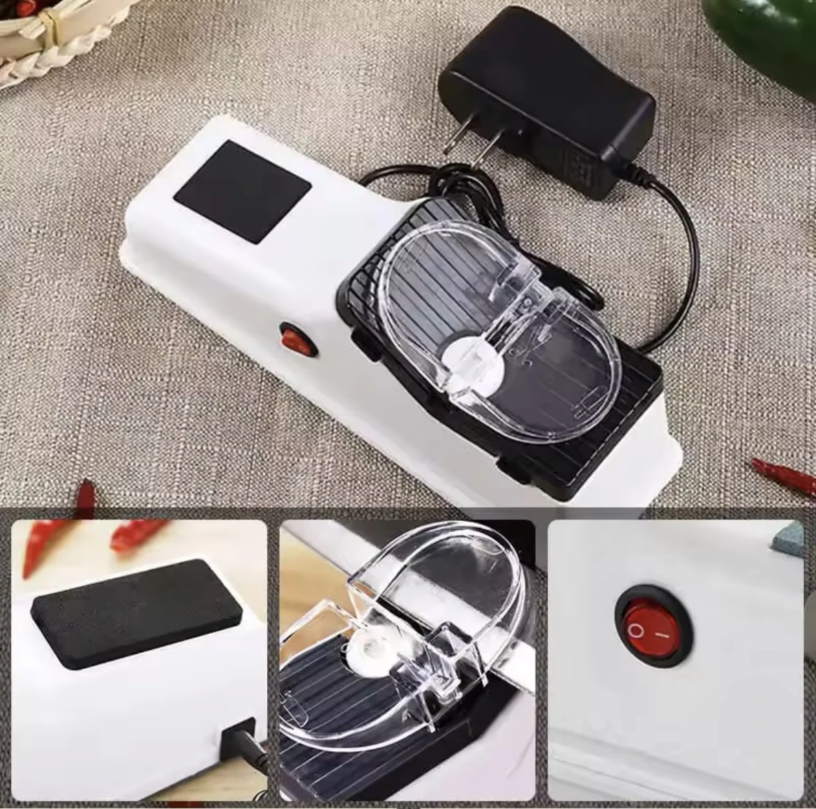 Afilador de cuchillos eléctrico blanco con cargador USB, interruptor rojo y tapa transparente para proteger.