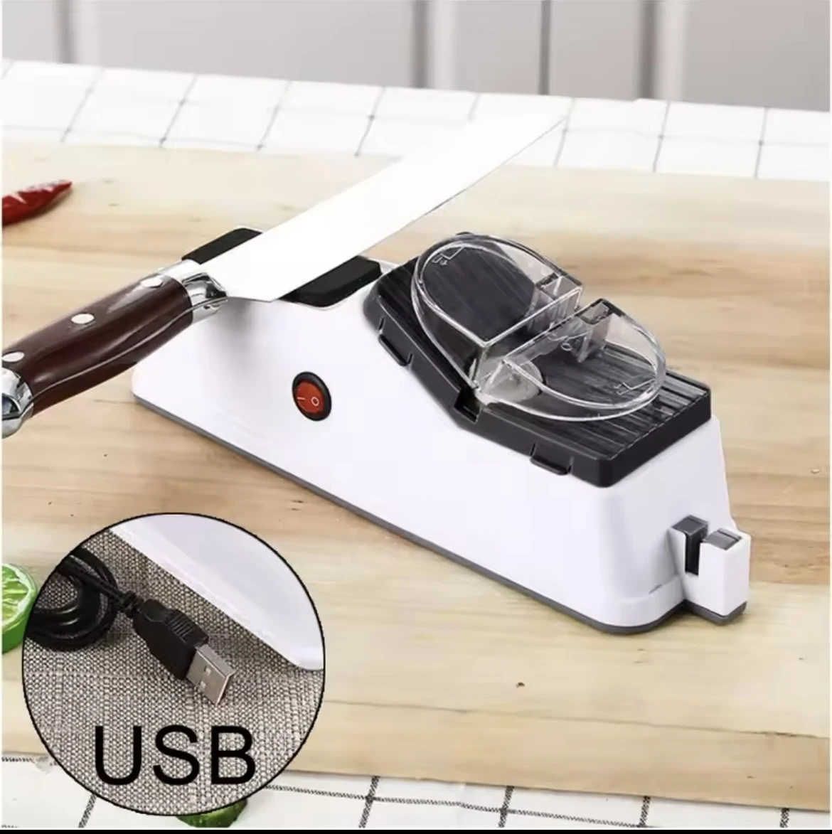 Afilador eléctrico USB blanco con cuchillo de mango oscuro, ideal para cocina.