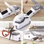 Afilador eléctrico USB afila cuchillos y tijeras. Diseño blanco con ranuras para diferentes herramientas.
