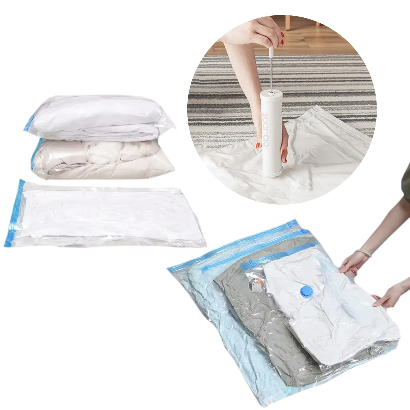 Bolsas al vacío con bomba manual para ropa y sábanas, mostrando uso en armario y almacenamiento compacto.