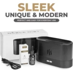 Difusor ultrasónico Noble Mist en color negro mate, con caja blanca, frasco de lavanda y cable de alimentación. Diseño moderno con luces LED y efecto de llama realista.