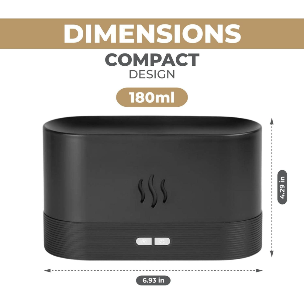 Difusor ultrasónico negro compacto de 180 ml, con indicadores de vapor y controles frontales, dimensiones de 6.93 por 4.29 pulgadas.