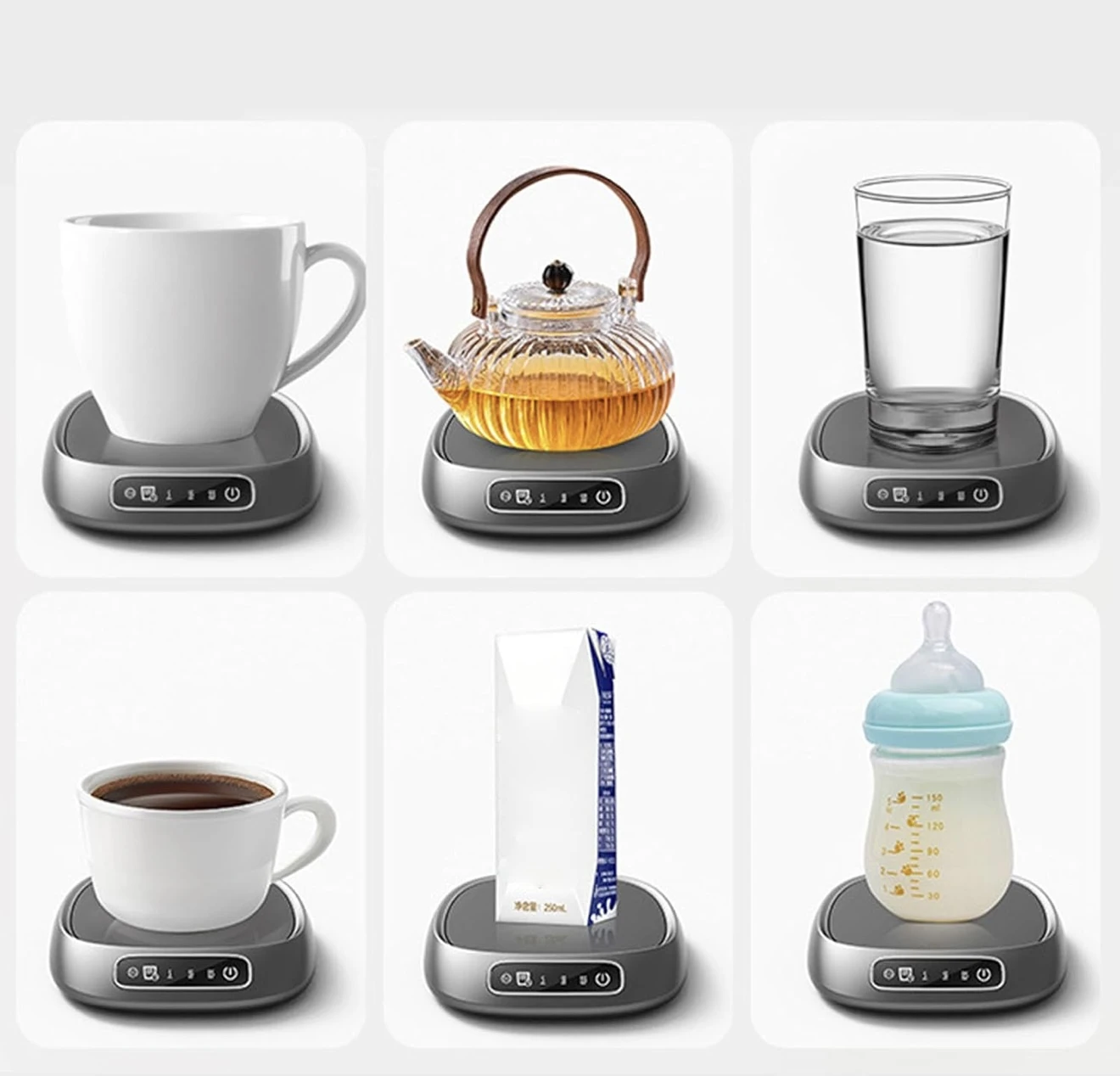 Calentador de tazas USB digital gris con taza blanca, tetera de vidrio, vaso de agua, taza de café, caja de leche y biberón.