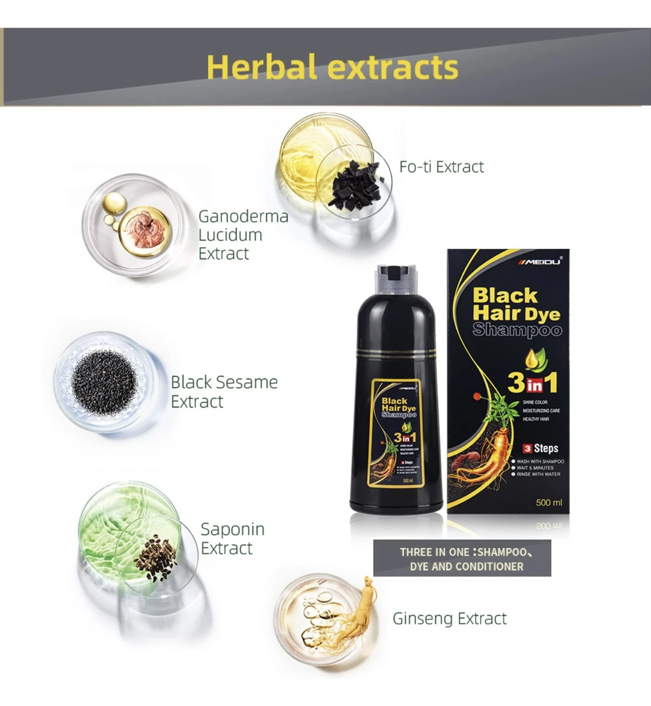 Champú tinte 500ml 3 en 1 con extractos herbales: Ganoderma, Sésamo Negro, Saponina y Ginseng.