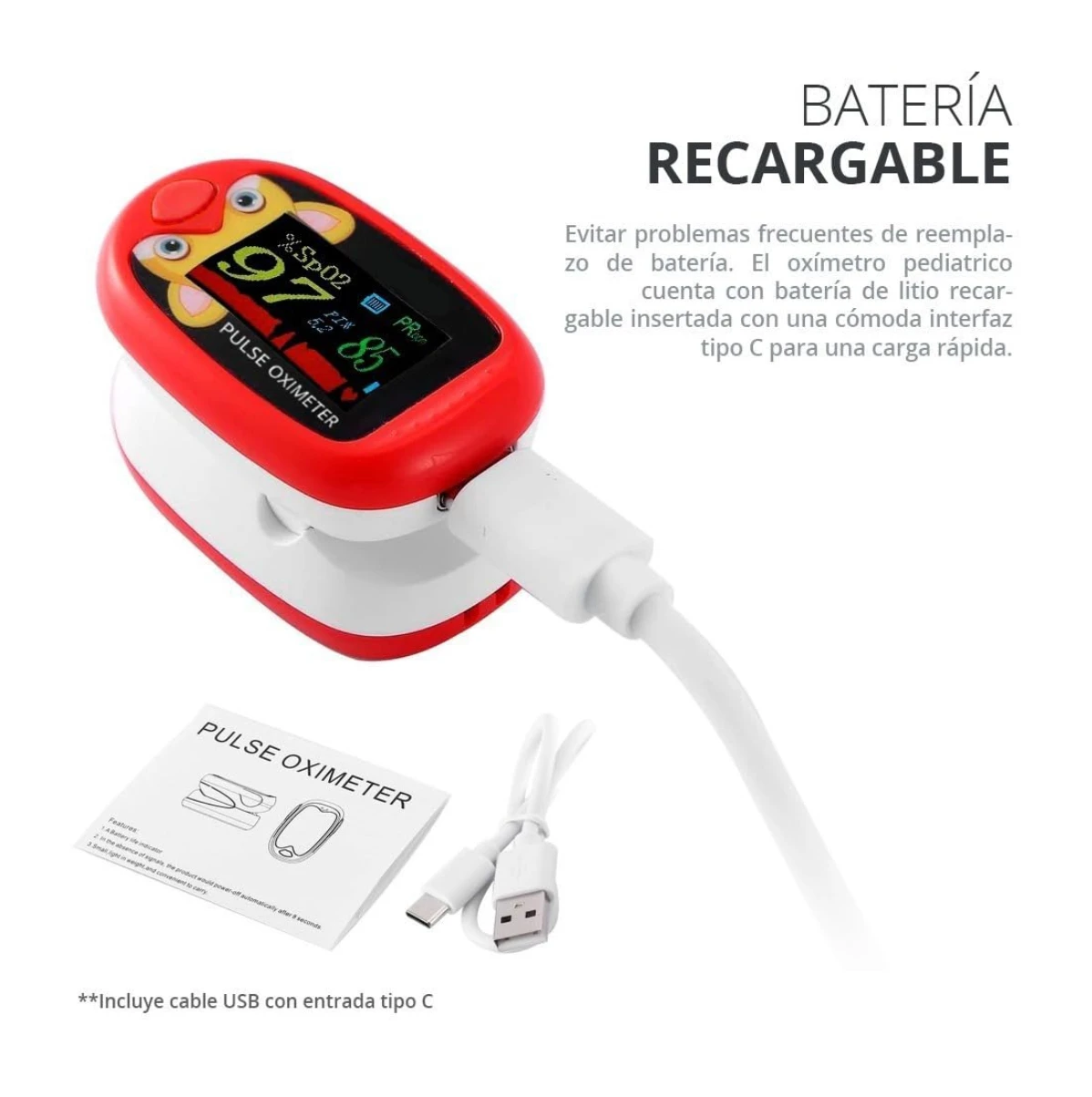 Pulsioxímetro pediátrico recargable con pantalla OLED, color rojo y blanco, mostrando saturación de oxígeno y frecuencia cardíaca. Incluye cable USB tipo C y manual.