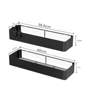 Organizador de ducha negro mate, acero inoxidable, sin taladro. Mide 40 cm de largo por 6 cm de alto, con dos compartimentos y ganchos laterales.