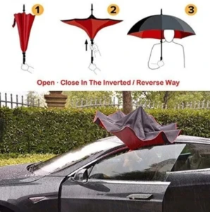 Instrucciones sombrilla reversible Mango C. Diagrama de apertura inversa y de la sombrilla negra con interior rojo sobre el techo de un auto gris mojado.
