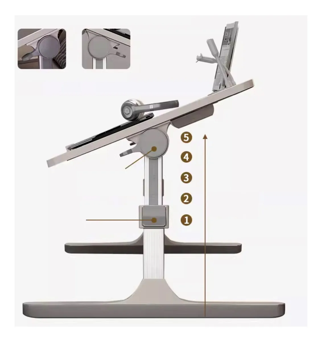 Mesa de escritorio plegable en color gris, con soporte ajustable para laptop, ventilador integrado y puerto USB visible. Incluye base estable y superficie inclinable para ergonomía.