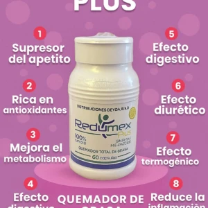 Frasco de Redumex Plus, suplemento para control de apetito y quema de grasa, con 60 cápsulas.