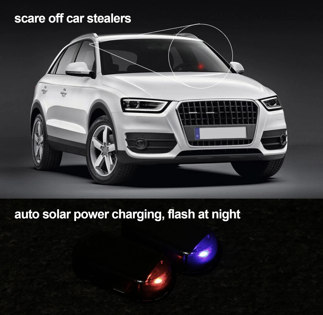 Luz solar antirrobo para coche, destella en rojo y azul, disuade ladrones.