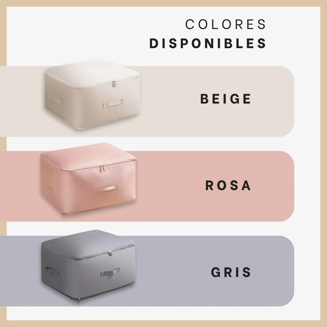 Bolsa organizadora textil disponible en beige, rosa y gris. Ideal para maximizar espacio de almacenamiento.