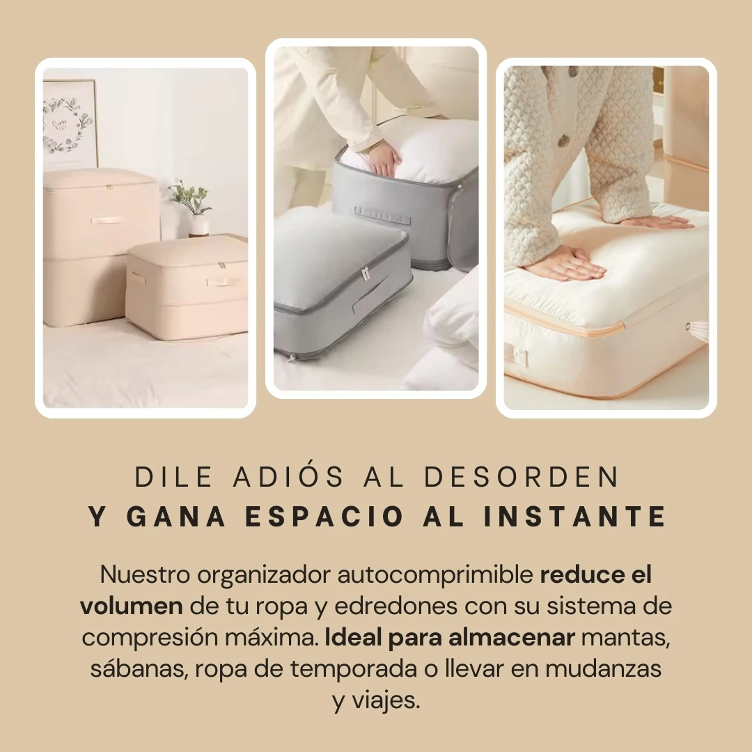 Organizadores textiles de compresión en beige y gris, ideales para reducir volumen de ropa y edredones.