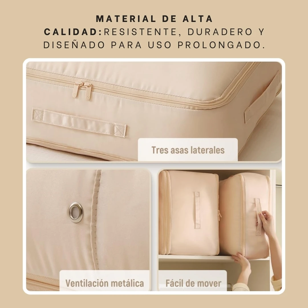 Bolsa organizadora textil beige con cremallera, asas laterales y ventilación metálica, ideal para maximizar espacio.