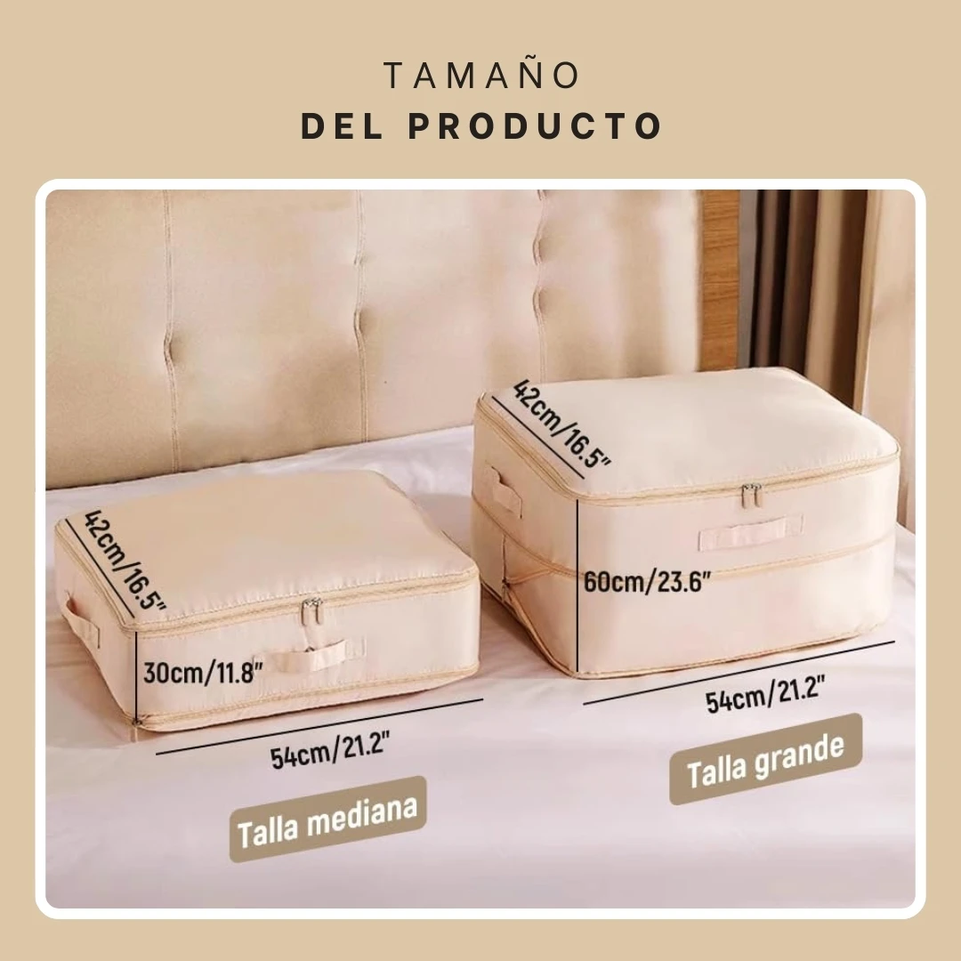 Dos bolsas organizadoras textiles beige, una mediana (54x42x30cm) y otra grande (54x42x60cm), sobre una cama.