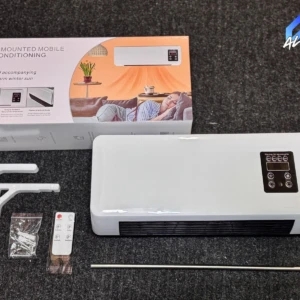 Aire acondicionado portátil blanco con panel de control digital, montado en pared. Incluye soportes, mando a distancia y accesorios. Caja con de uso en habitación cálida.