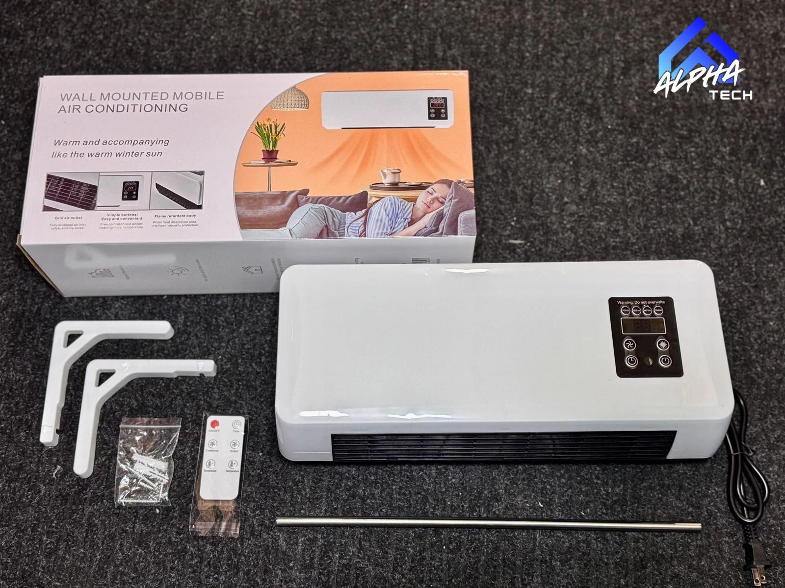 Aire acondicionado portátil blanco con panel de control digital, montado en pared. Incluye soportes, mando a distancia y accesorios. Caja con de uso en habitación cálida.
