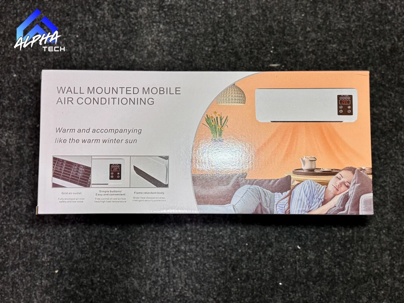 Caja del aire acondicionado portátil de pared, color blanco, con de uso en habitación cálida y detalles de instalación y control.