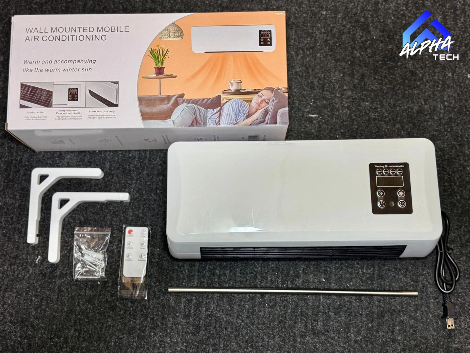 Aire acondicionado portátil blanco con panel de control digital, incluye soporte de pared, mando a distancia y accesorios. Caja con de uso en habitación.