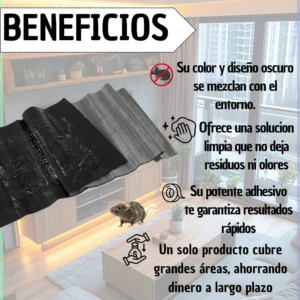 Trampa pegante para ratones de color oscuro con textura rugosa, mostrada desplegada sobre fondo de sala moderna; incluye iconos que destacan sus beneficios como adhesivo potente, sin olores ni residuos, y cobertura amplia.