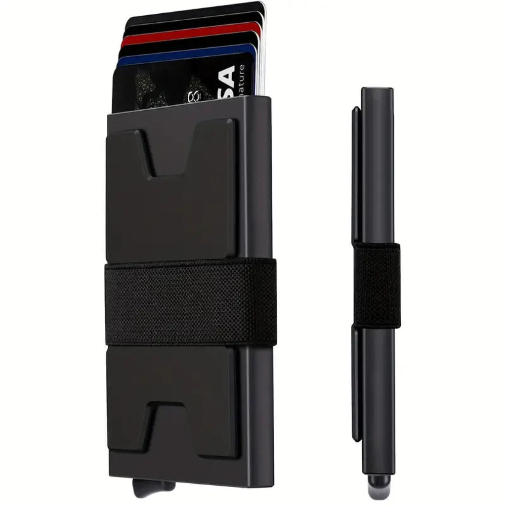 Tarjetero Flikt Premium negro con tarjetas visibles y correa de sujeción, acompañado de su funda protectora.