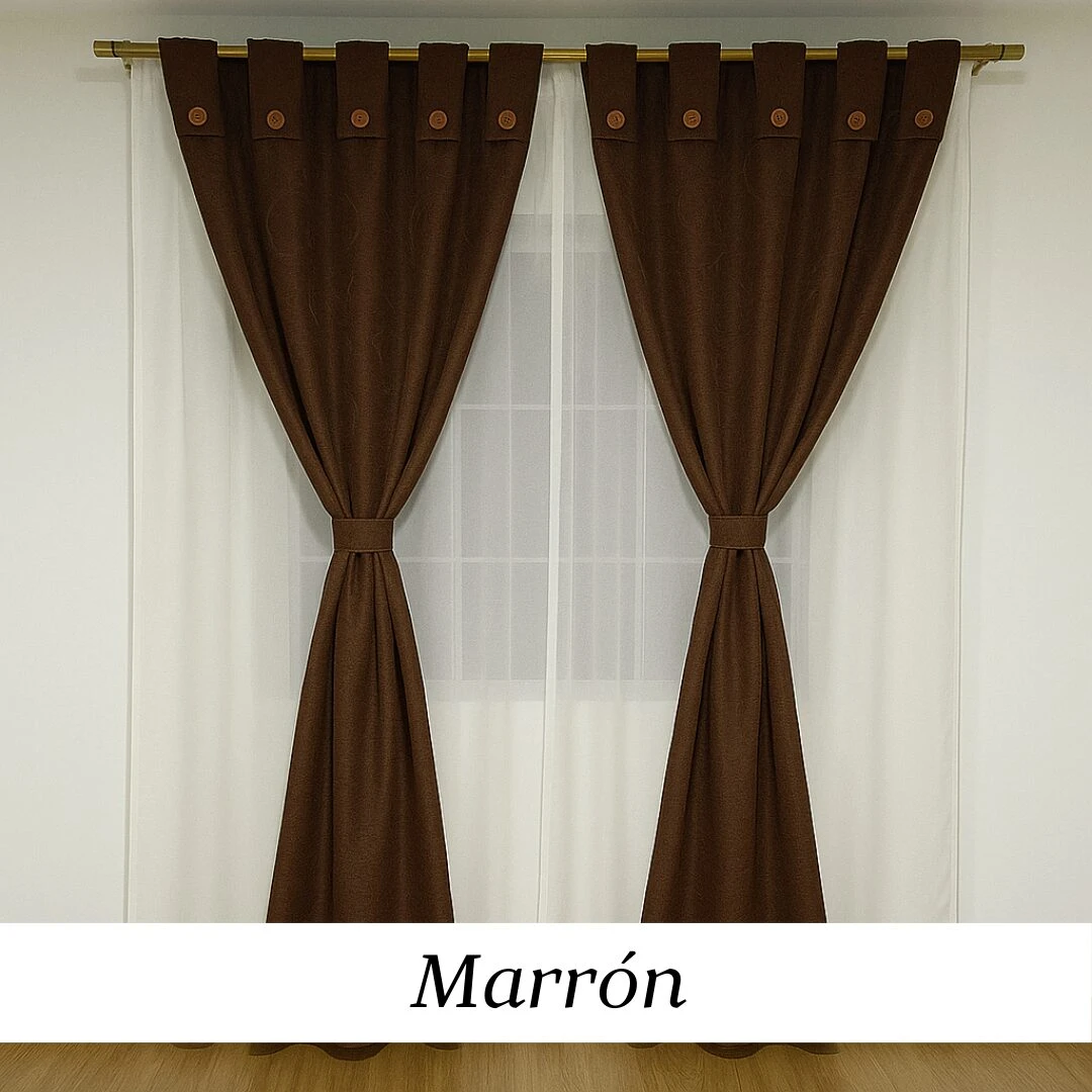 Cortina marrón con flecos y botones, estilo Jacquard, colgada en varilla. Incluye visillo blanco traslúcido. Ideal para salas y dormitorios.