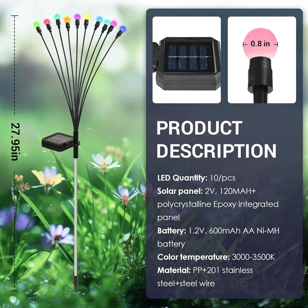 Luces solares de jardín con 10 puntas multicolores, panel integrado y cable de acero inoxidable; mide 27,95 pulgadas.