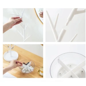 Organizador de joyas blanco tipo árbol, con compartimentos para accesorios y montaje fácil.