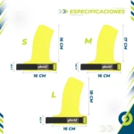 Calleras de crossfit verdes para protección de manos y muñecas, tallas S (16x4 cm), M (17x4 cm) y L (18x4 cm).